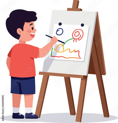 Young boy drawing on easel in playful and colorful flat vector art style showcasing creativity and imagination vector illustration