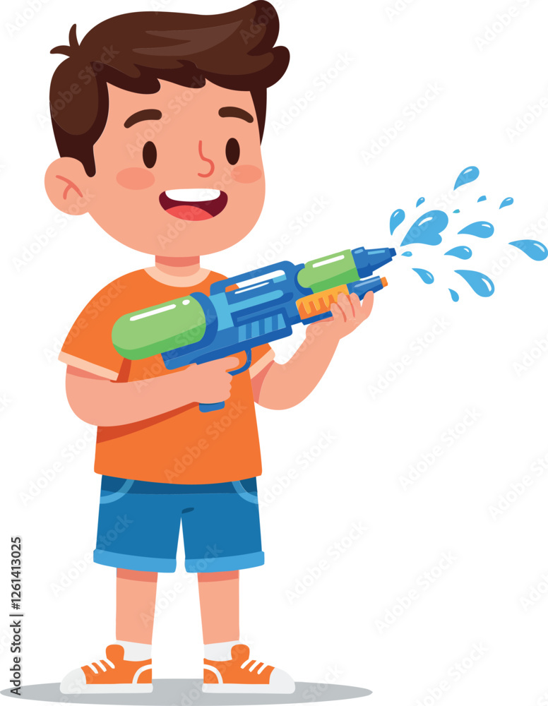 Happy child holding a colorful water gun in a fun flat vector illustration Happy child holding a colorful water gun in a fun flat vector illustration