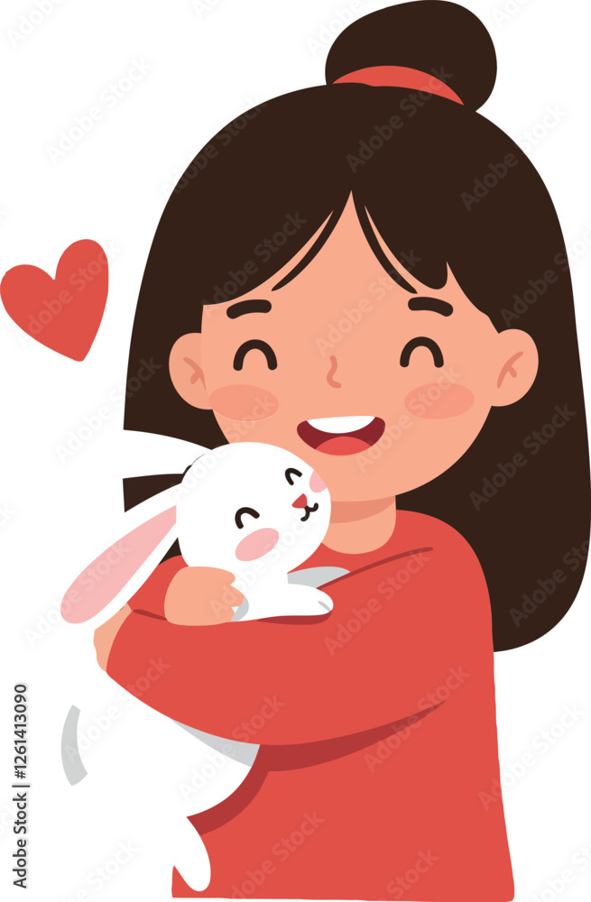 Girl joyfully hugging a cute white rabbit in a flat and colorful design vector art Girl joyfully hugging a cute white rabbit in a flat and colorful design vector art