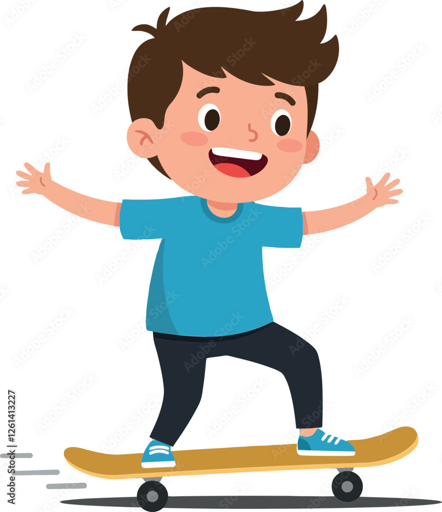Happy child skating on a skateboard in a playful flat vector illustration style showcasing joy and movement vector art