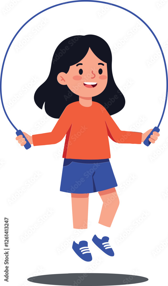 Girl jumping rope in playful pose with bright colors in flat vector art style showcasing fun and activity Girl jumping rope in playful pose with bright colors in flat vector art style showcasing fun and activity