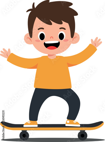 Happy child riding skateboard in flat design style showcasing fun movement and joy in vector art