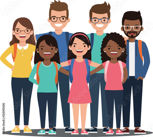 Group of diverse students in flat design style showcasing friendship and unity in vector art