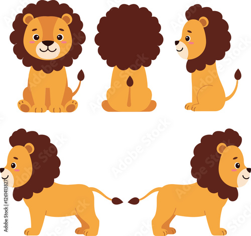 Cute lion character design in flat style showcasing various angles and expressions in vector art