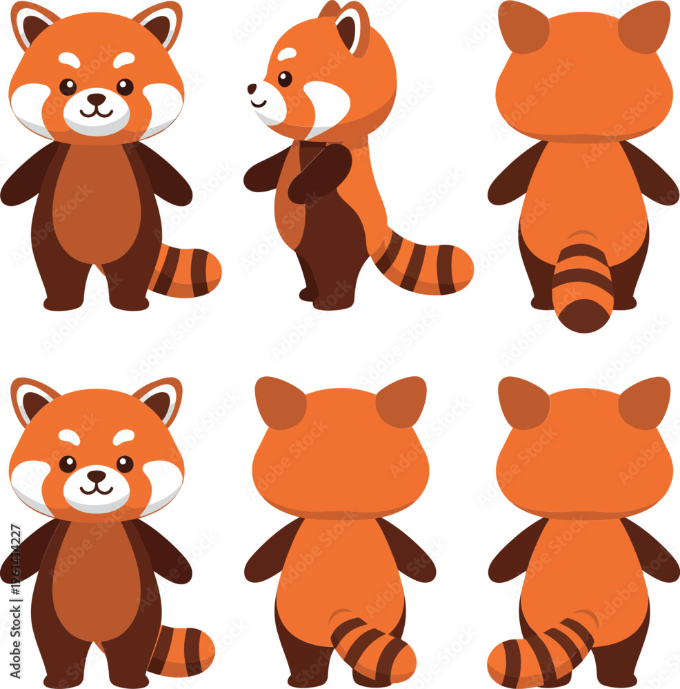 Fototapeta premium Cute red panda character design in flat style showcasing multiple angles in vibrant vector art
