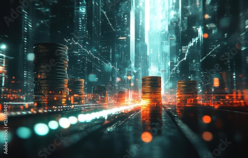 Wallpaper Mural Futuristic cityscape with glowing coins and digital financial data visualization, reflecting modern technology and global economy concepts Torontodigital.ca
