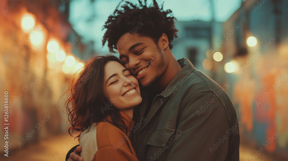 Intimate young couple embracing against urban sunset backdrop Intimate young couple embracing against urban sunset backdrop