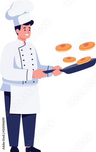 Chef flipping pancakes in a dynamic motion using a frying pan flat vector illustration