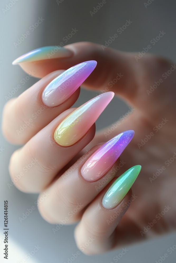 Elegant Hand with Colorful Gradient Long Nails and Soft Background Elegant Hand with Colorful Gradient Long Nails and Soft Background