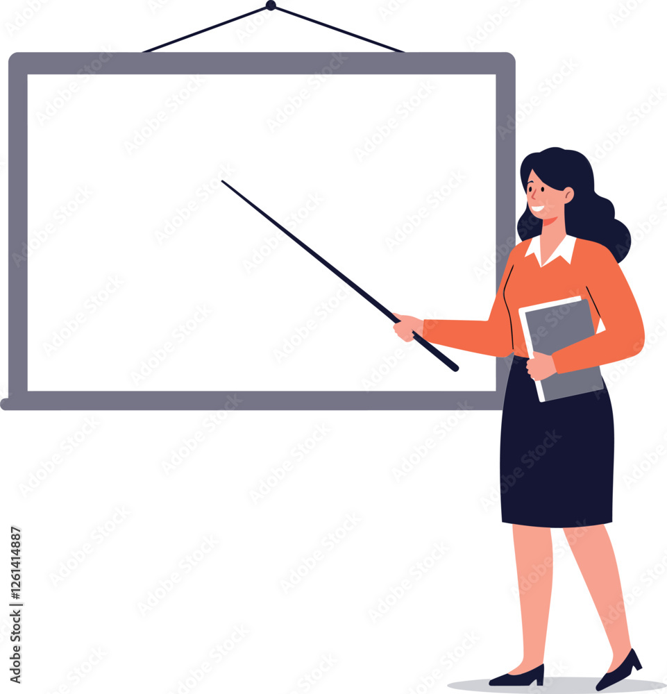 Professional woman presenting with pointer in front of blank screen minimal vector art Professional woman presenting with pointer in front of blank screen minimal vector art