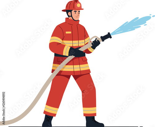 Firefighter in action using hose to spray water in bright colors detailed vector illustration