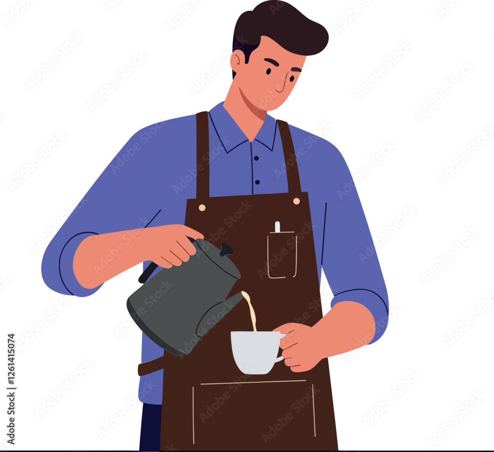 Male barista pouring coffee into cup in flat minimal vector art style illustration Male barista pouring coffee into cup in flat minimal vector art style illustration