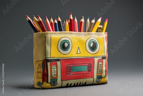 Robot themed pencil holder with an assortment of colorful pencils photo