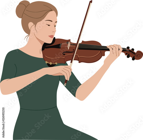 Woman playing a violin in minimal flat design style showcasing musical artistry in vector illustration