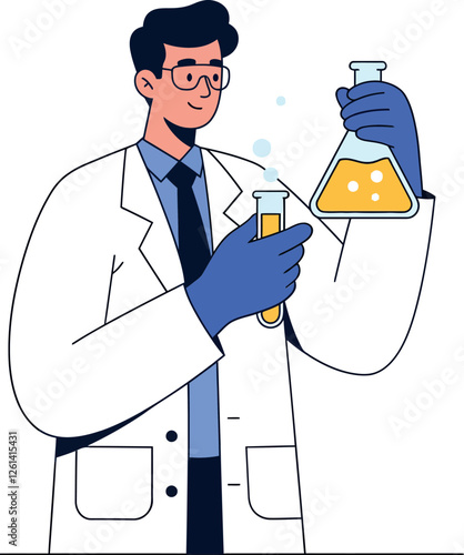 Scientist conducting experiments with flasks in a flat, colorful style vector illustration