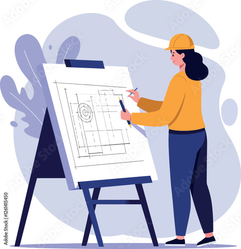 Female architect sketching detailed blueprint on easel in flat vector art style with vibrant colors and shapes vector illustration