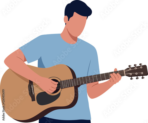 Person playing acoustic guitar in a minimal flat design style showcasing music enjoyment vector illustration