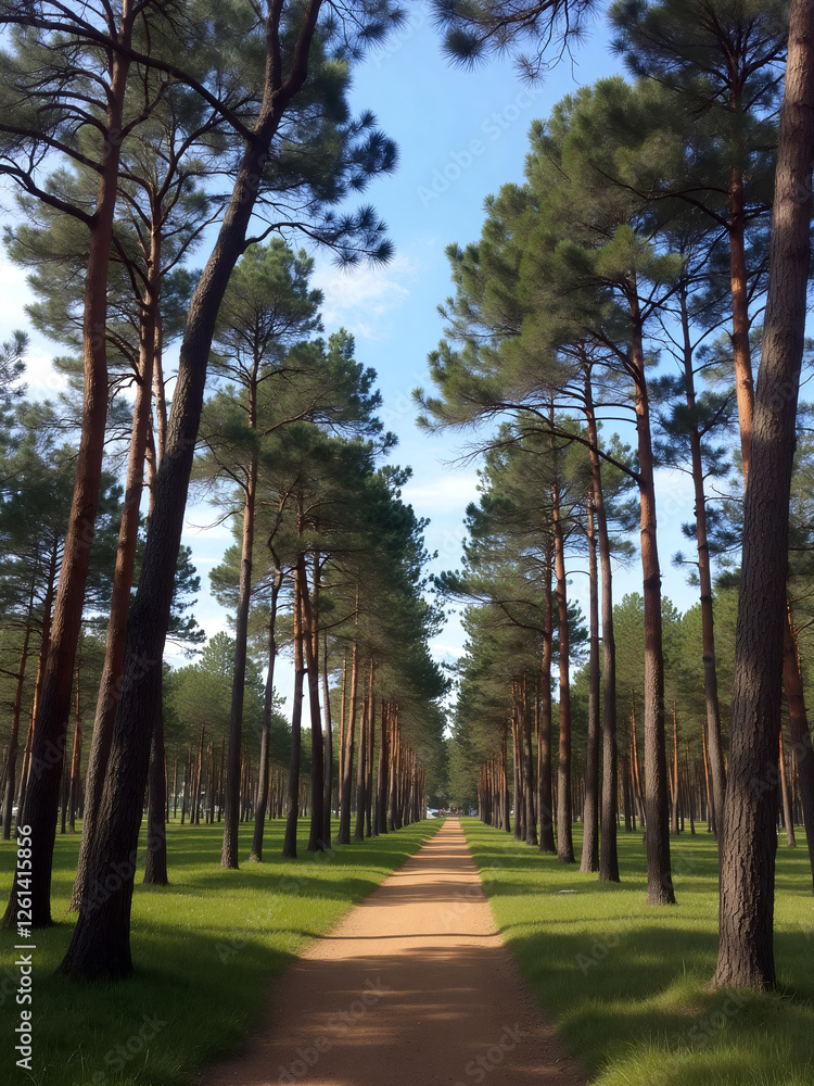 Peaceful walking path surrounded by tall pine trees in a serene forest during a sunny day Peaceful walking path surrounded by tall pine trees in a serene forest during a sunny day
