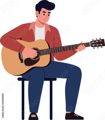 Young man playing acoustic guitar in a minimal flat design vector illustration