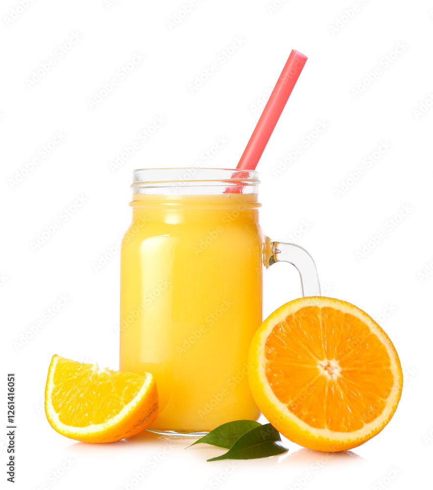 Mason jar of tasty juice with straw, oranges and leaves on white background Mason jar of tasty juice with straw, oranges and leaves on white background