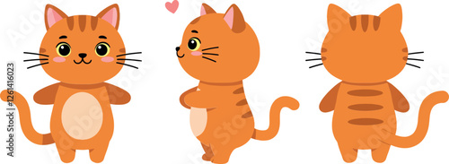 Cute orange cat character design in minimal flat style featuring different poses and expressions vector illustration