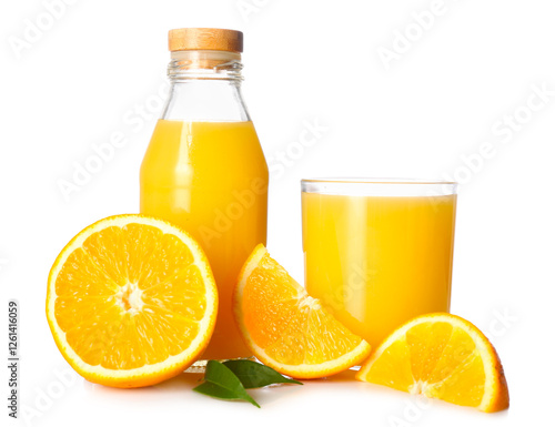 Wallpaper Mural Glass and bottle of tasty juice with oranges on white background Torontodigital.ca