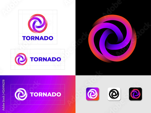 Tornado logo. Vortex symbol consists of, pink-purple  rotating elements. Brand identity, use of colors and app icon.