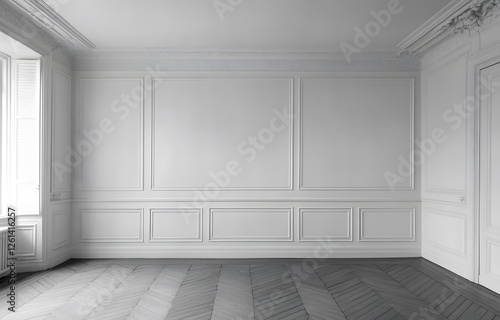 Elegant Empty Room With White Paneling And Wood Floor