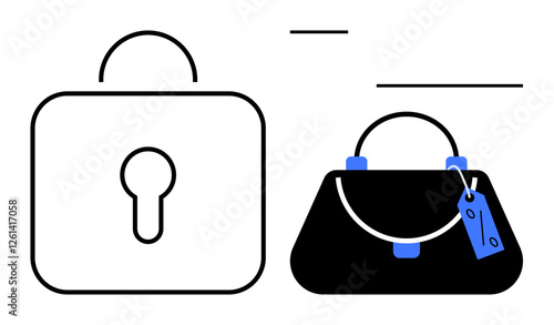 Padlock and handbag displayed side by side. Ideal for security, safety, privacy, fashion, style, protection, personal belongings. Minimalist line art with black and blue accents abstract line flat