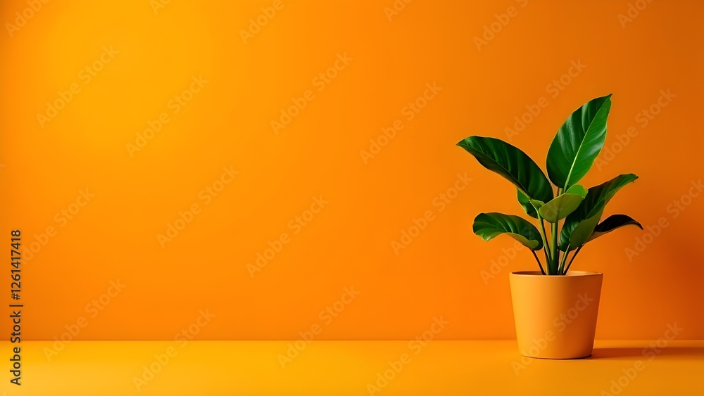 minimalist composition with a vibrant orange background and a green plant in orange pot positioned on the right side. Copy space minimalist composition with a vibrant orange background and a green plant in orange pot positioned on the right side. Copy space