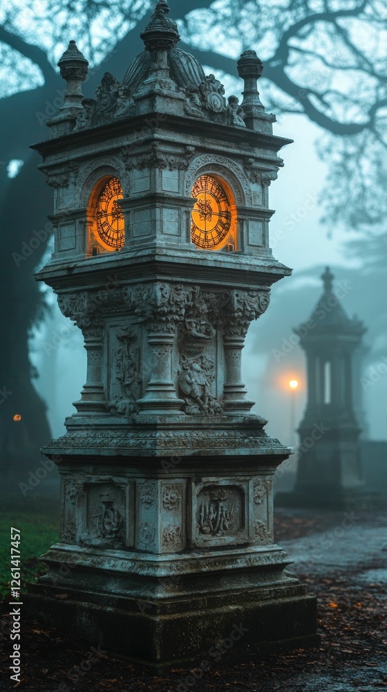Obraz premium Illuminated clock tower, misty park, autumn leaves.