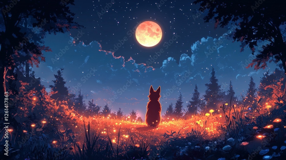 Fototapeta premium Lone dog gazes at moonlit forest.