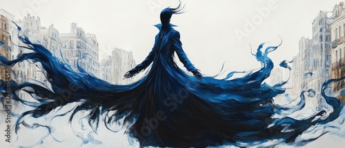 Mysterious figure dark blue cloak city backdrop photo