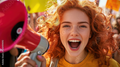Passionate young woman with fiery red hair, shouting with megaphone at lively protest. Her enthusiasm is contagious