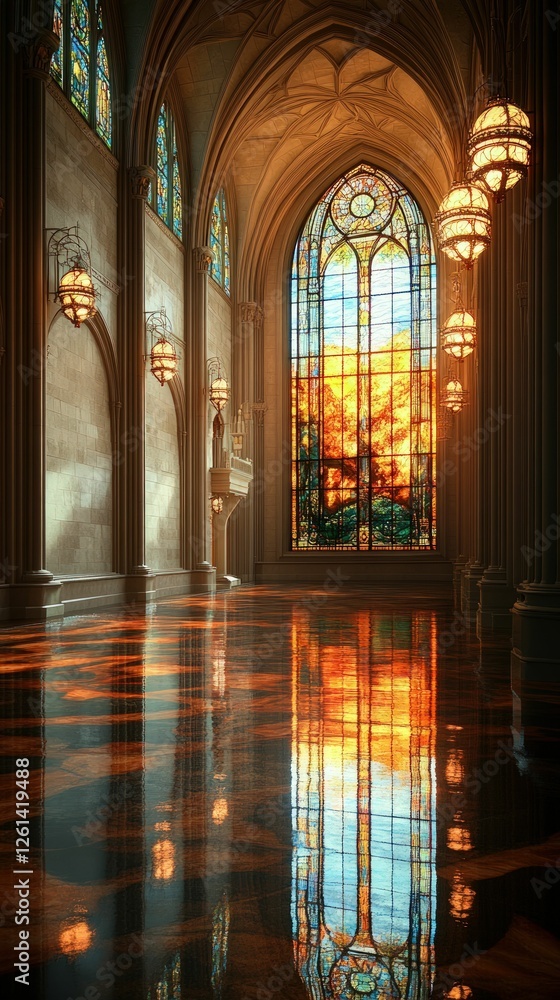 Fototapeta premium Grand hall, stained glass window, reflective floor, warm light.