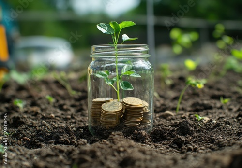 Wallpaper Mural Growth of Financial Prosperity Represented by a Plant in a Jar Surrounded by Coins in a Grassy Soil Background, Symbolizing Investment and Sustainability Torontodigital.ca