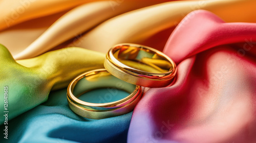 Golden wedding rings on vibrant rainbow fabric create joyful atmosphere