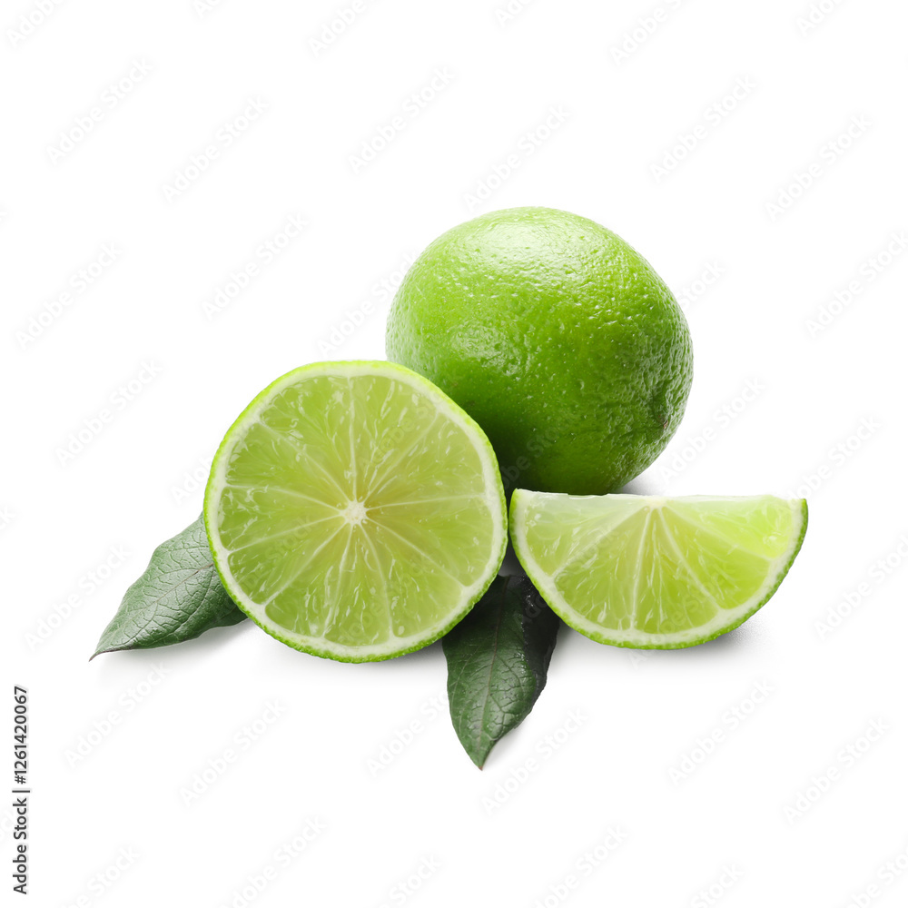Cut and whole limes with leaves on white background Cut and whole limes with leaves on white background
