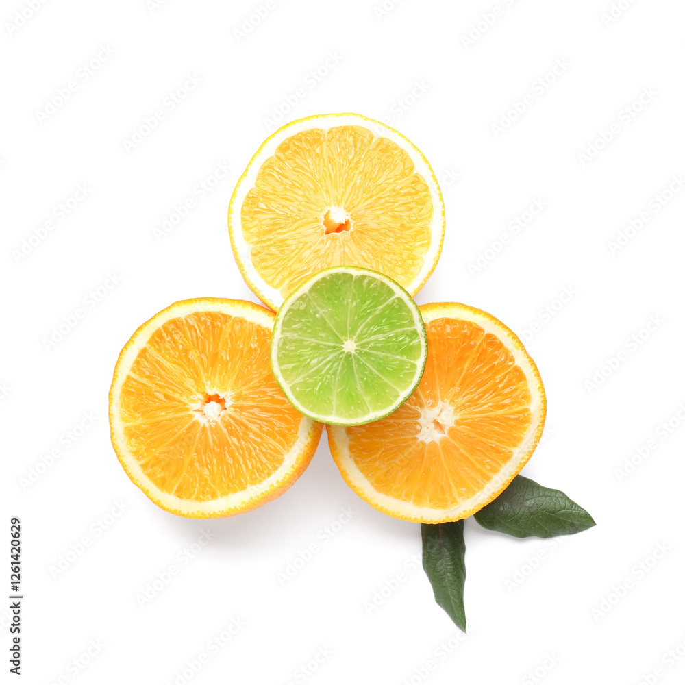 Halves of different citrus fruits with leaves on white background Halves of different citrus fruits with leaves on white background