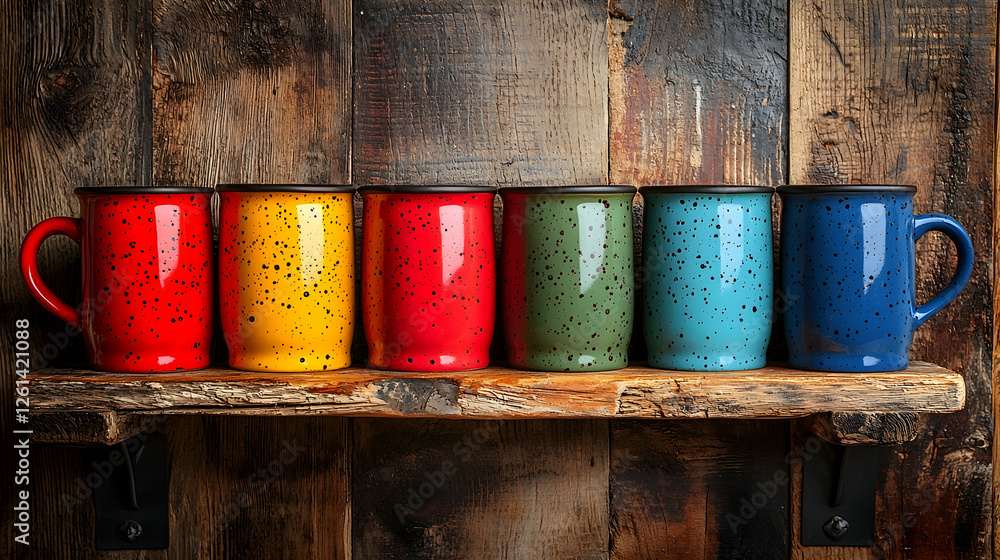 Fototapeta premium Colorful mugs on rustic wood shelf, against wooden wall, for cafe or kitchen decor