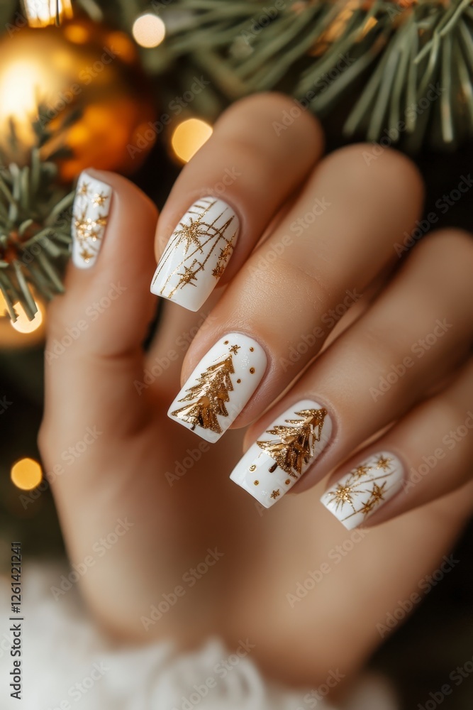 Elegant White Nails with Gold Christmas Tree Design and Glitter Elegant White Nails with Gold Christmas Tree Design and Glitter