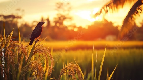 Wallpaper Mural Bird at Sunset in Rice Paddy. Peaceful Asian landscape; ideal for travel, nature, or serenity themes Torontodigital.ca