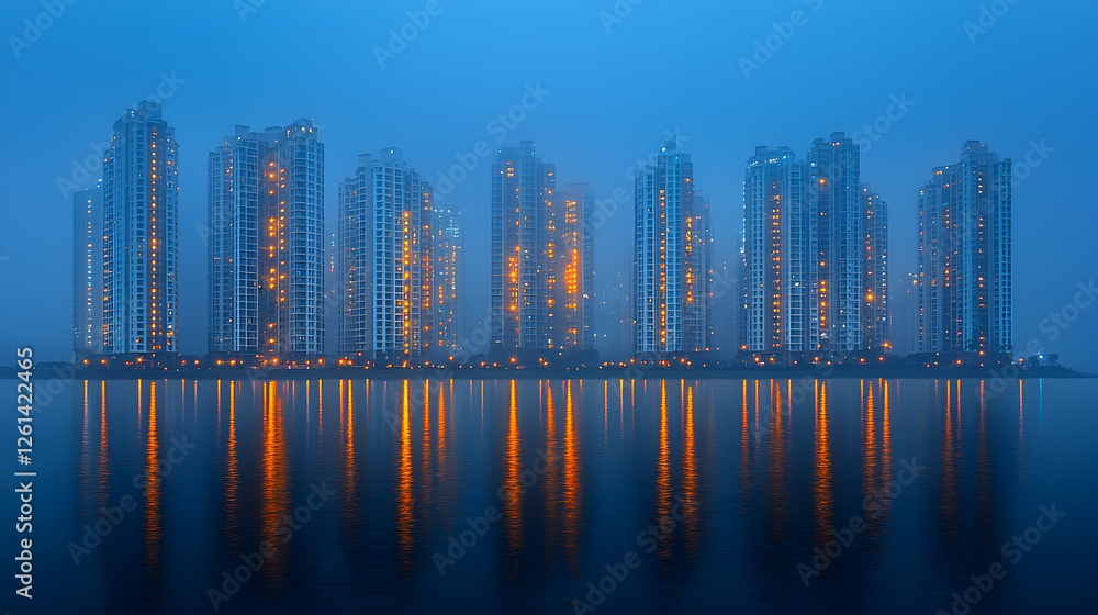 Fototapeta premium Misty night cityscape reflections of tall buildings on calm water