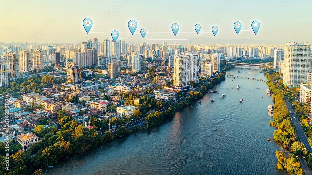 Fototapeta premium Breathtaking Aerial View of a Modern City Skyline with River and Highrises, Showing Urban Development and Cityscape.
