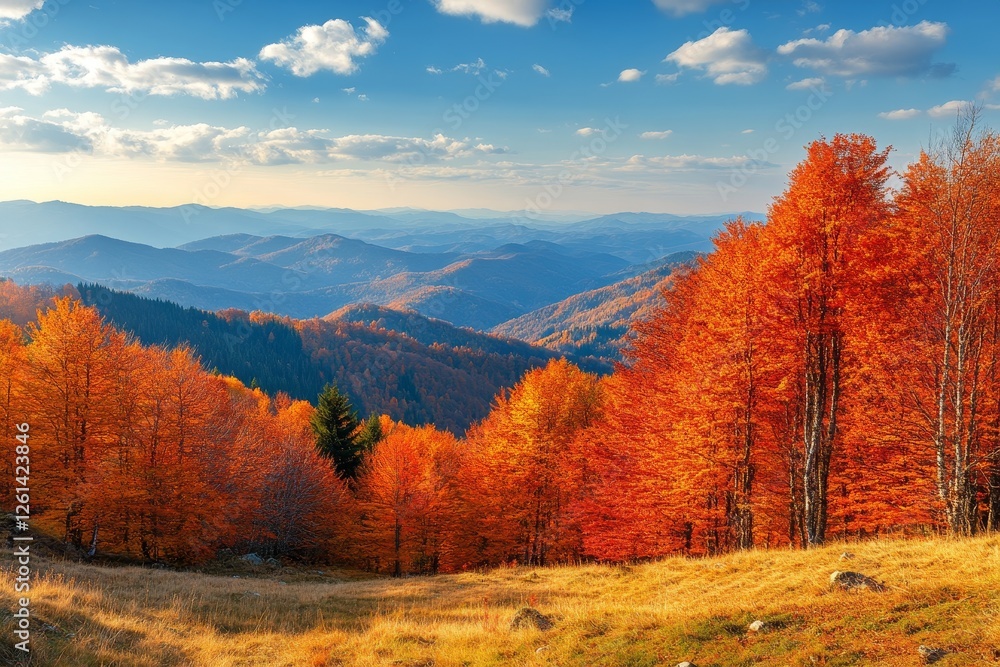 Fototapeta premium Autumn mountain forest panorama, sunset