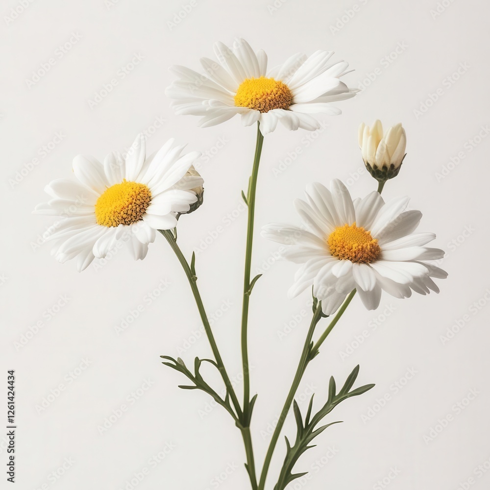 Fototapeta premium Set of Daisy Flowers Isolated on Pure White Background, Ideal for Minimalist Branding and Packaging Designs