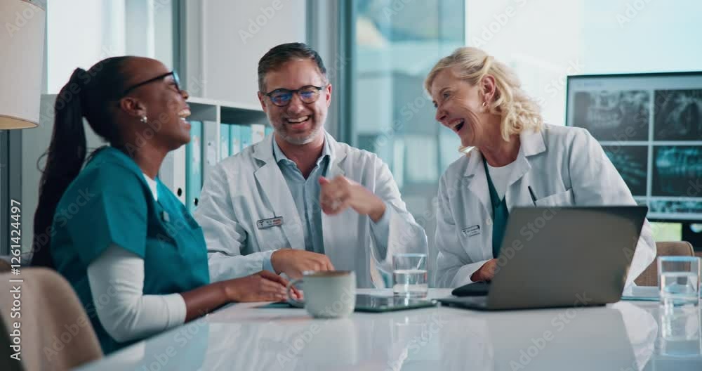 Laptop, doctors and nurse in healthcare for high five, results and digital scan for medical diagnosis. Office, people and team of radiologist for support, report and achievement for research success Laptop, doctors and nurse in healthcare for high five, results and digital scan for medical diagnosis. Office, people and team of radiologist for support, report and achievement for research success