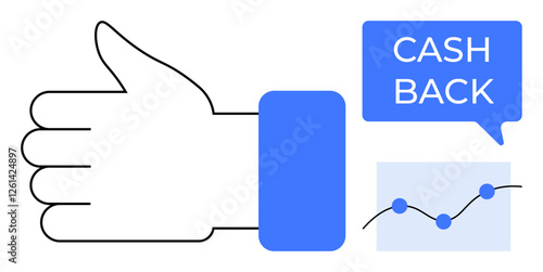 Thumbs up hand gesture, Cash Back speech bubble, chart with rising trend illustrating financial gains. Ideal for rewarding programs, customer satisfaction, motivations, financial benefits, growth