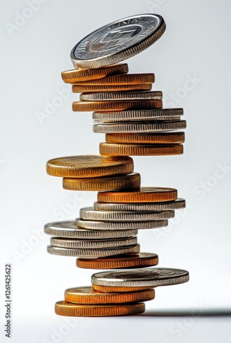 Stacked Coins in Vertical Arrangement with Gradual Tones of Gold and Silver Against a Light Background for Financial Concepts and Investments Representation
