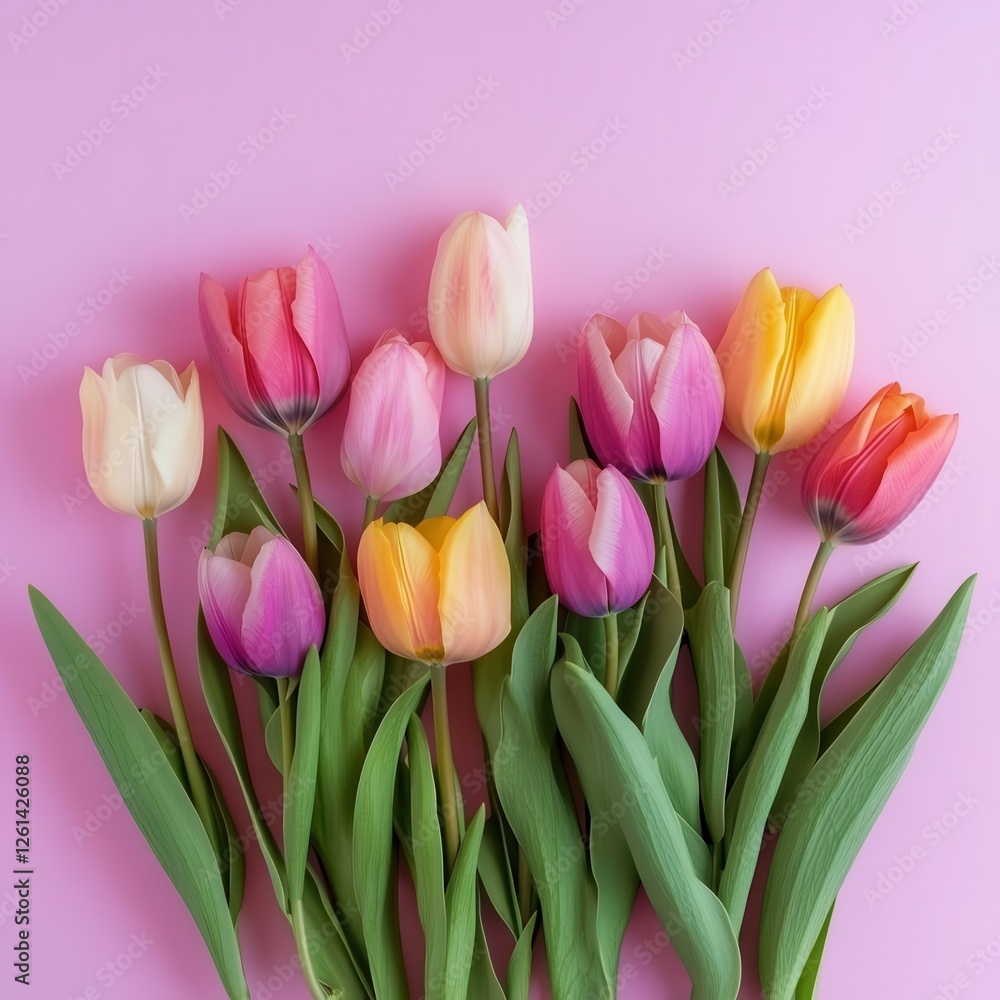 Obraz premium Spring Tulips Flat Lay for Women's Day Greeting or Spring Sale Banner